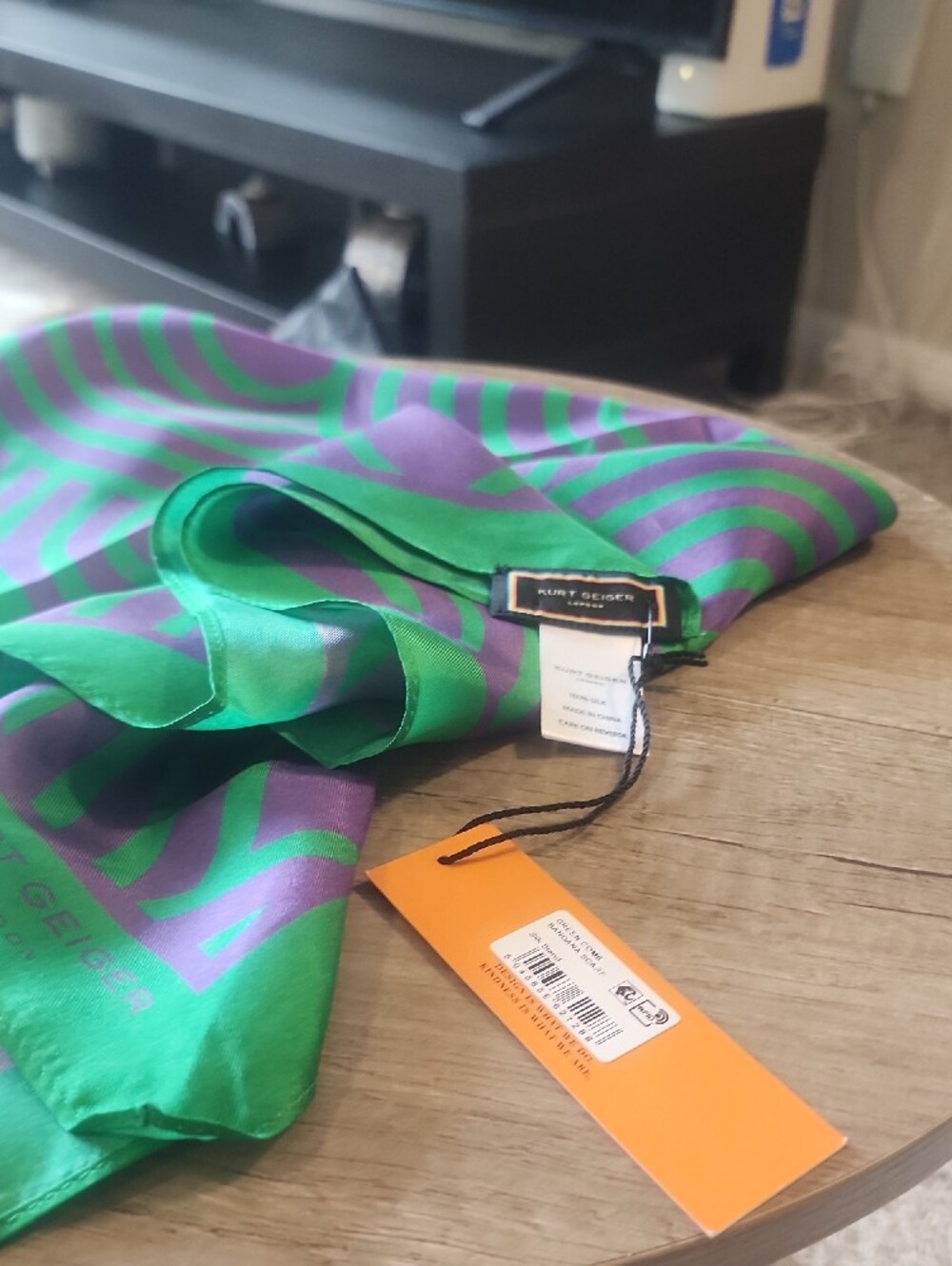 Kurt Geiger Green & Purple Geometric Silk Neck Scarf - Picture 2 of 11